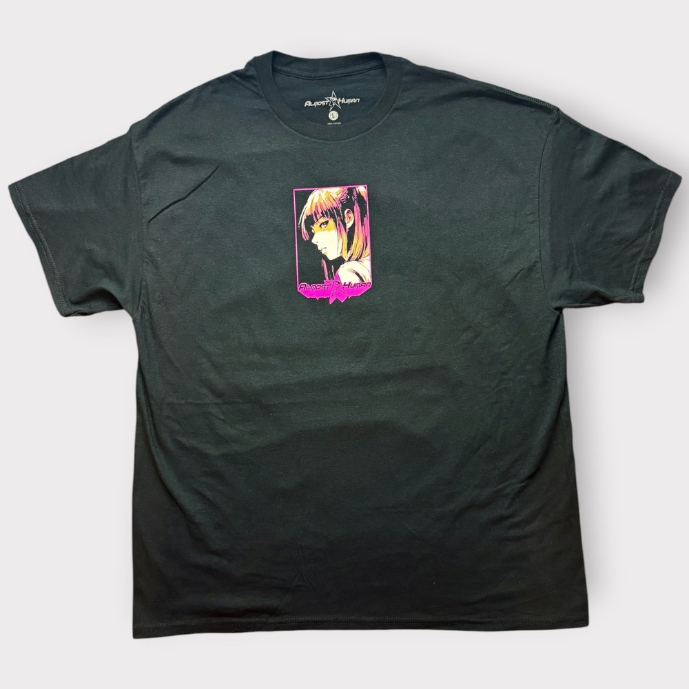 Almost Human Anime Girl Green Sports Car Graphic T-Shirt Black Large Vaporwave - Picture 2 of 8